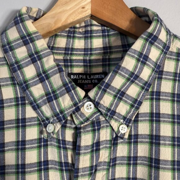 Ralph Lauren Jeans Co Plaid Flannel Button Down Shirt Mens Large Tan Preppy Soft - Picture 6 of 13